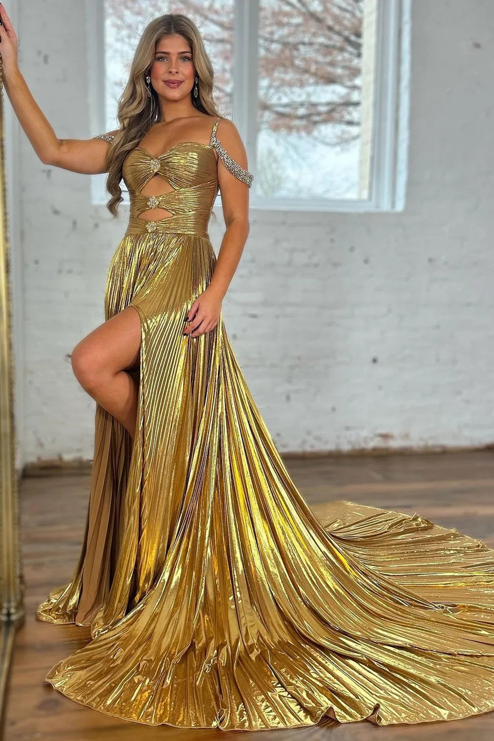 Wholesale Stylish Gold A-Line Beaded Off The Shoulder Long Prom Dress With Split prom dresses with long sleeves